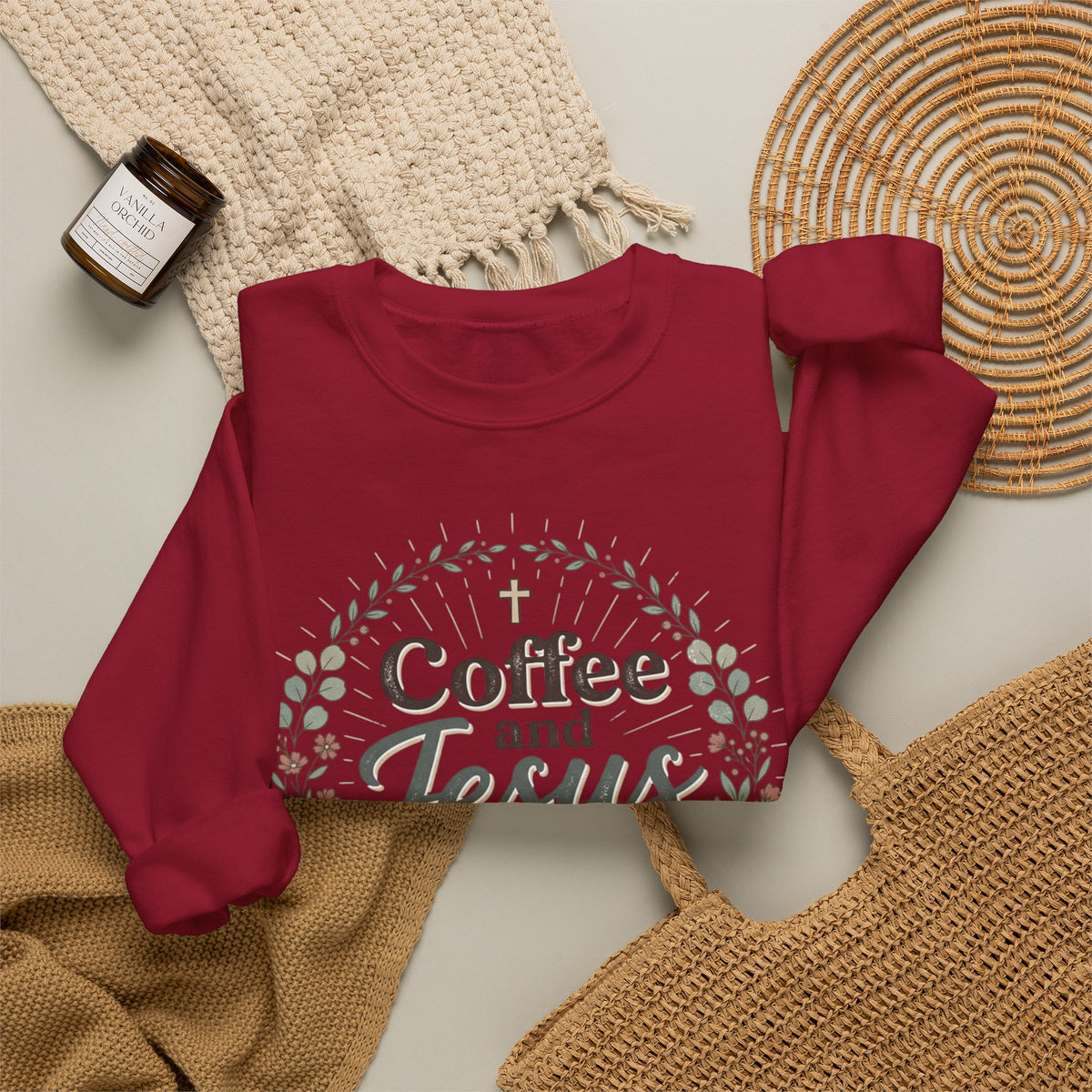 Coffee and Jesus wreath Crewneck Sweatshirt | Christian coffee design