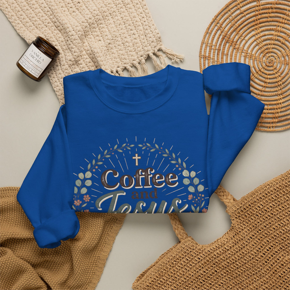 Coffee and Jesus wreath Crewneck Sweatshirt | Christian coffee design