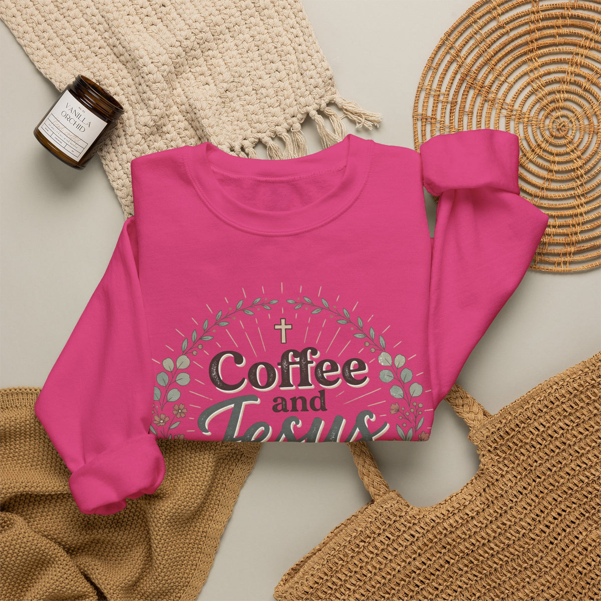 Coffee and Jesus wreath Crewneck Sweatshirt | Christian coffee design