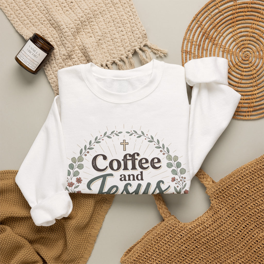 Coffee and Jesus wreath Crewneck Sweatshirt | Christian coffee design