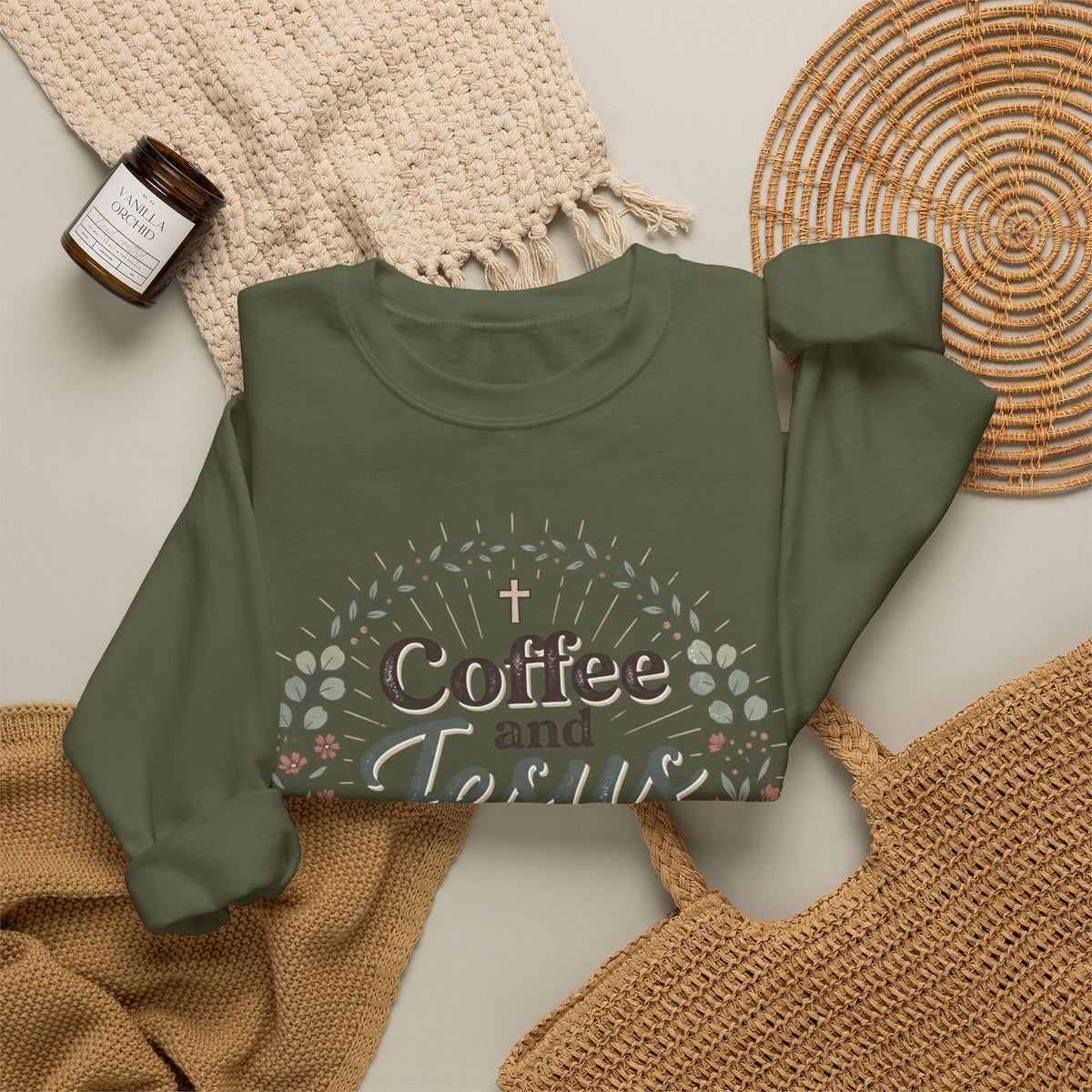 Coffee and Jesus wreath Crewneck Sweatshirt | Christian coffee design